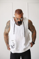 Дизайнерски мъжки потник от лен с качулка the king white-м39