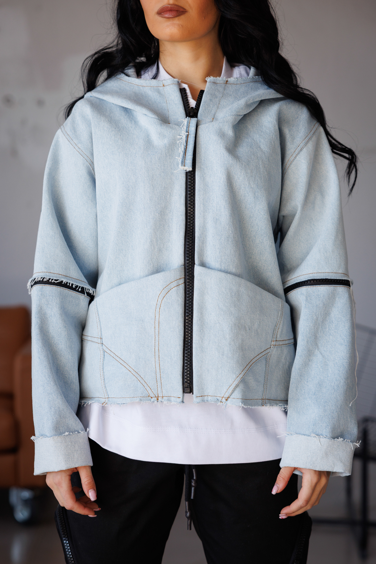 Дънково дамско яке с мобилни ръкави-623 - Image 7