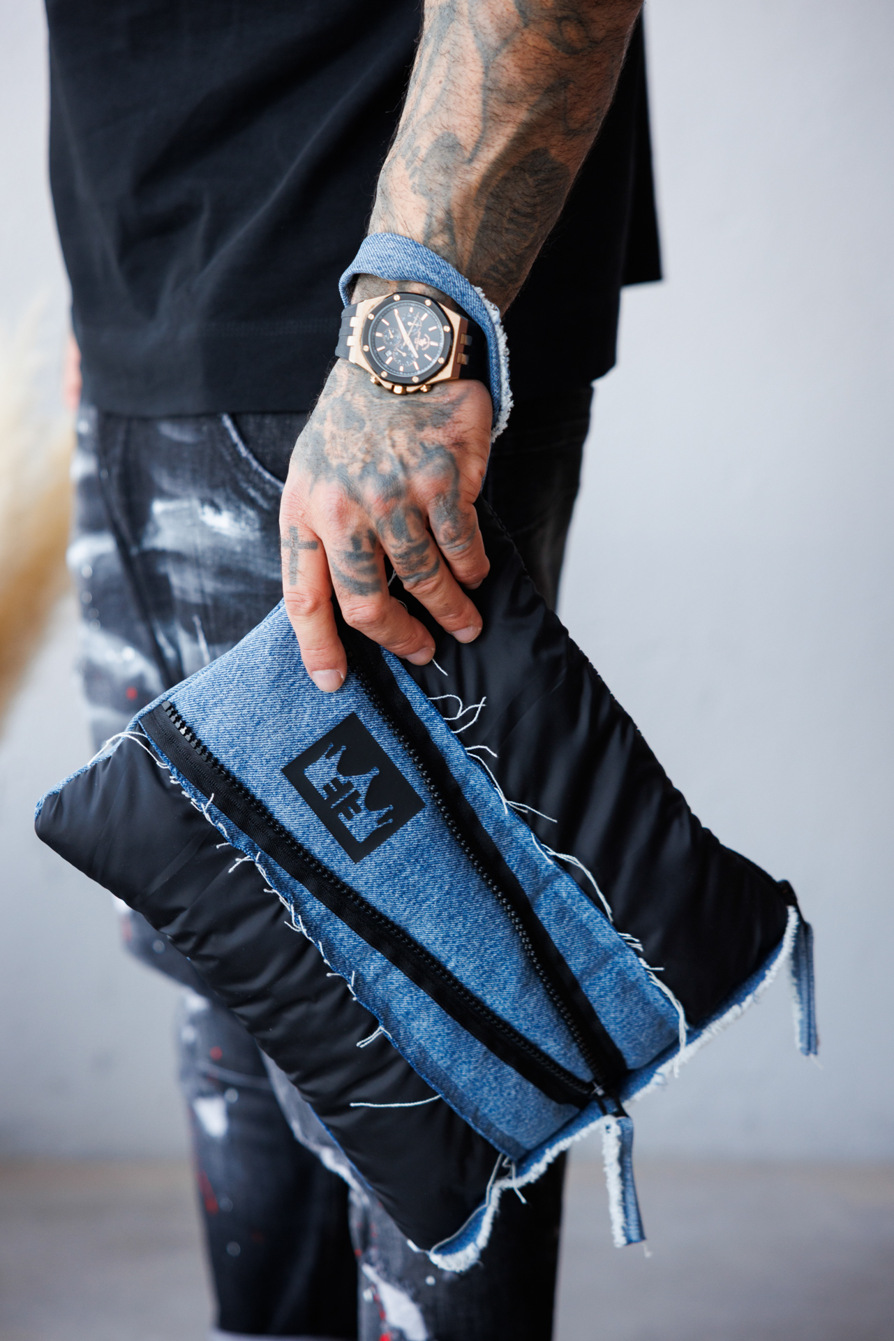 Мъжка дизайнерска чанта за ръка с деним the king-a188