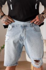 Мъжки къси панталони от светъл деним с ефектна визия the king-8AA8