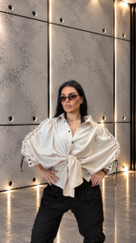 Дамска сатенена риза veteida beige-742